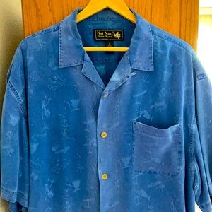 Nat Nast XL 100% silk Blue shirt with cocktails